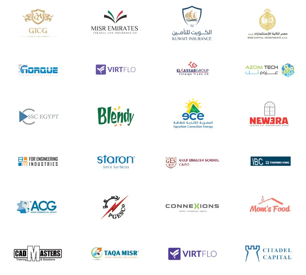 Client logos including TAQA MISR, Zewail City, Kuwait Insurance and Saudi Marafiq